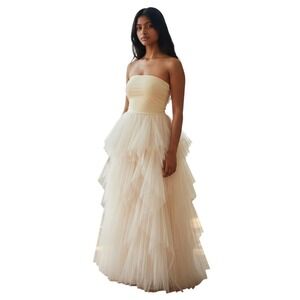 Women Strapless Dress Tulle Tiered Cream Sz S-M Party‎ Cocktail Evening Princess